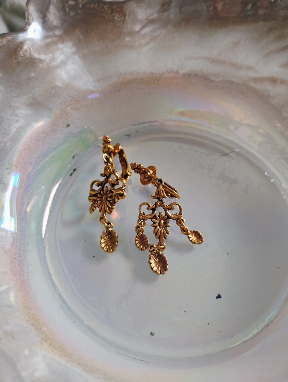 Vintage, Chandelier Earrings, Ornate Golden Floral Clip On